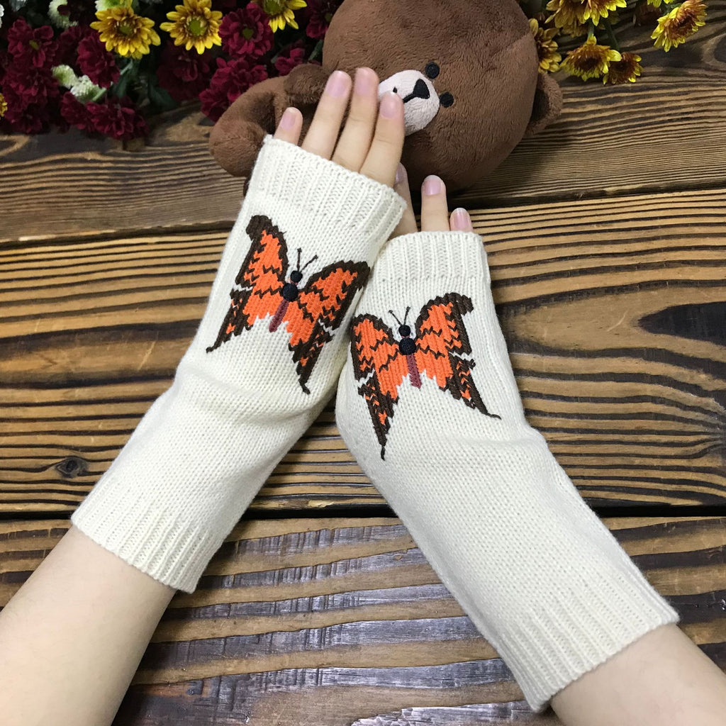 Fingerless Gloves With Butterfly Knit Motif - Beige