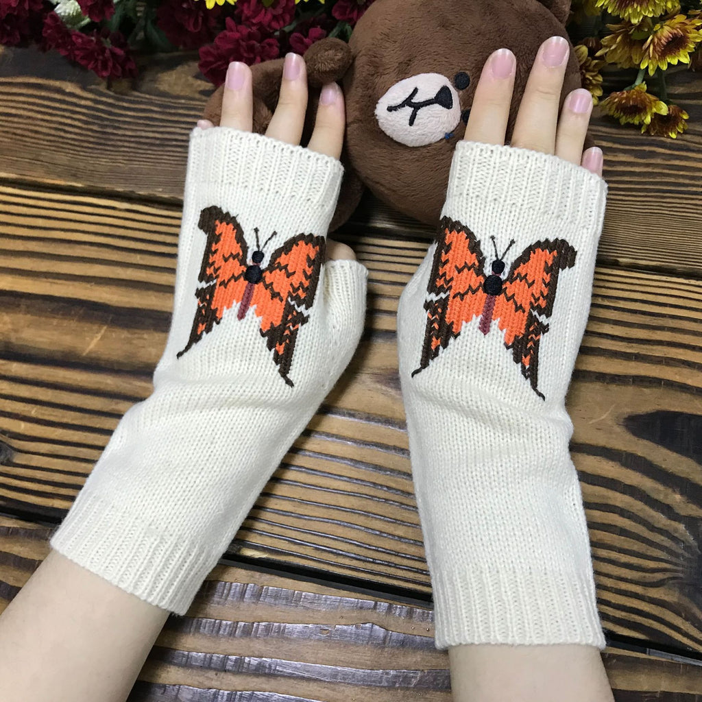Fingerless Gloves With Butterfly Knit Motif - Beige - 1
