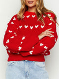 Row Of Hearts Ribbed Balloon Sleeve Sweater - Red