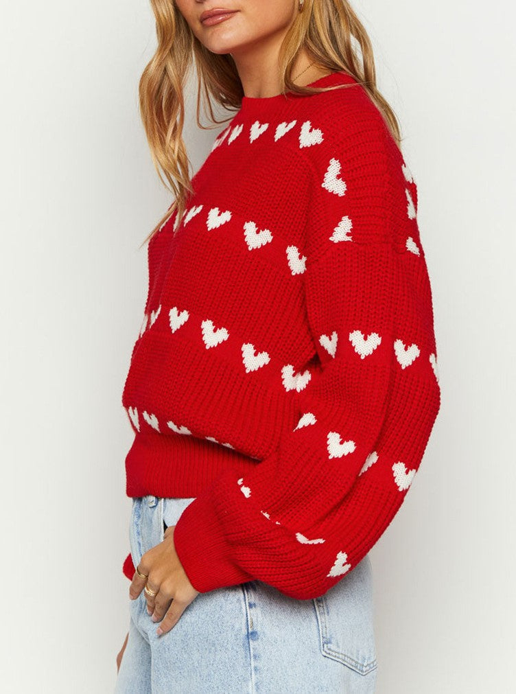 Row Of Hearts Ribbed Balloon Sleeve Sweater - Red - 1