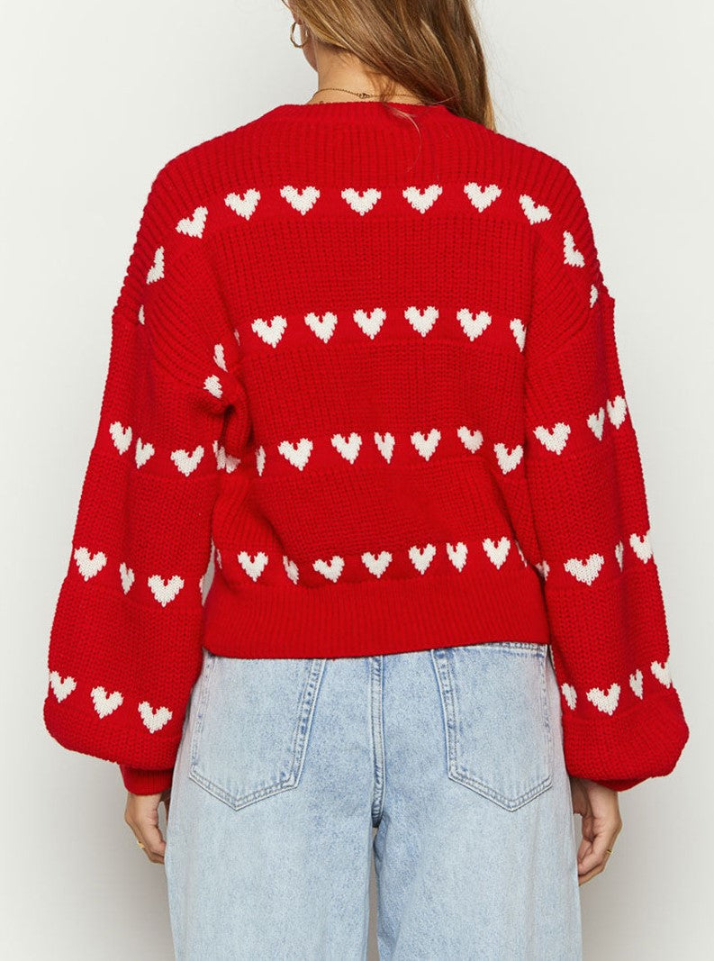 Row Of Hearts Ribbed Balloon Sleeve Sweater - Red - 2