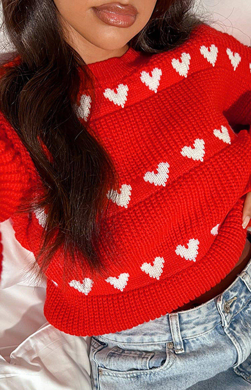 Row Of Hearts Ribbed Balloon Sleeve Sweater - Red - 3
