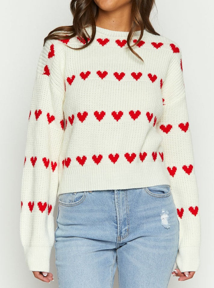 Row Of Hearts Ribbed Balloon Sleeve Sweater - White