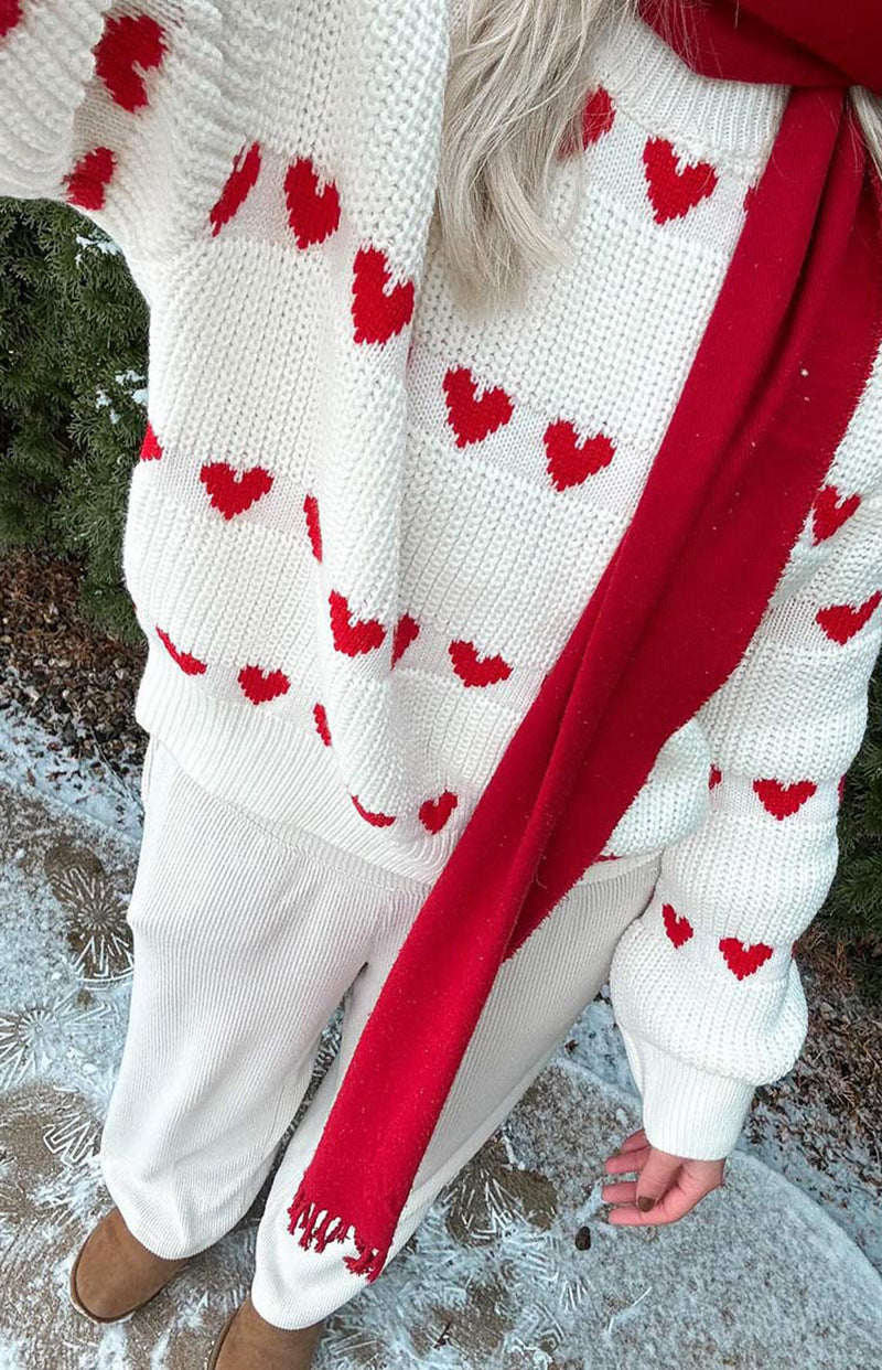 Row Of Hearts Ribbed Balloon Sleeve Sweater - White - 1
