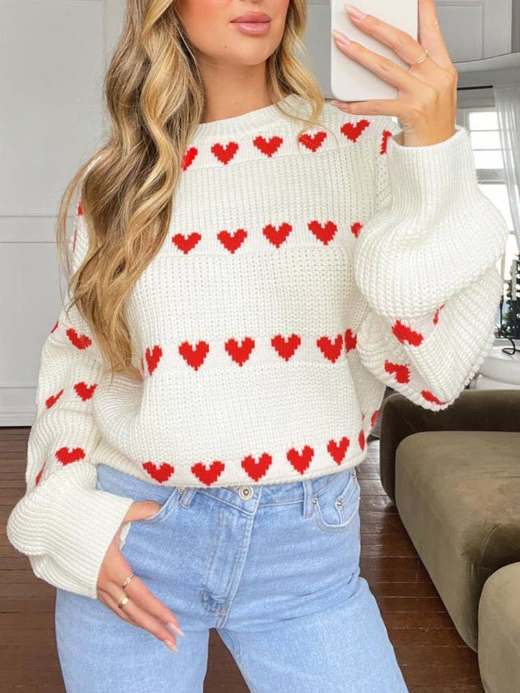 Row Of Hearts Ribbed Balloon Sleeve Sweater