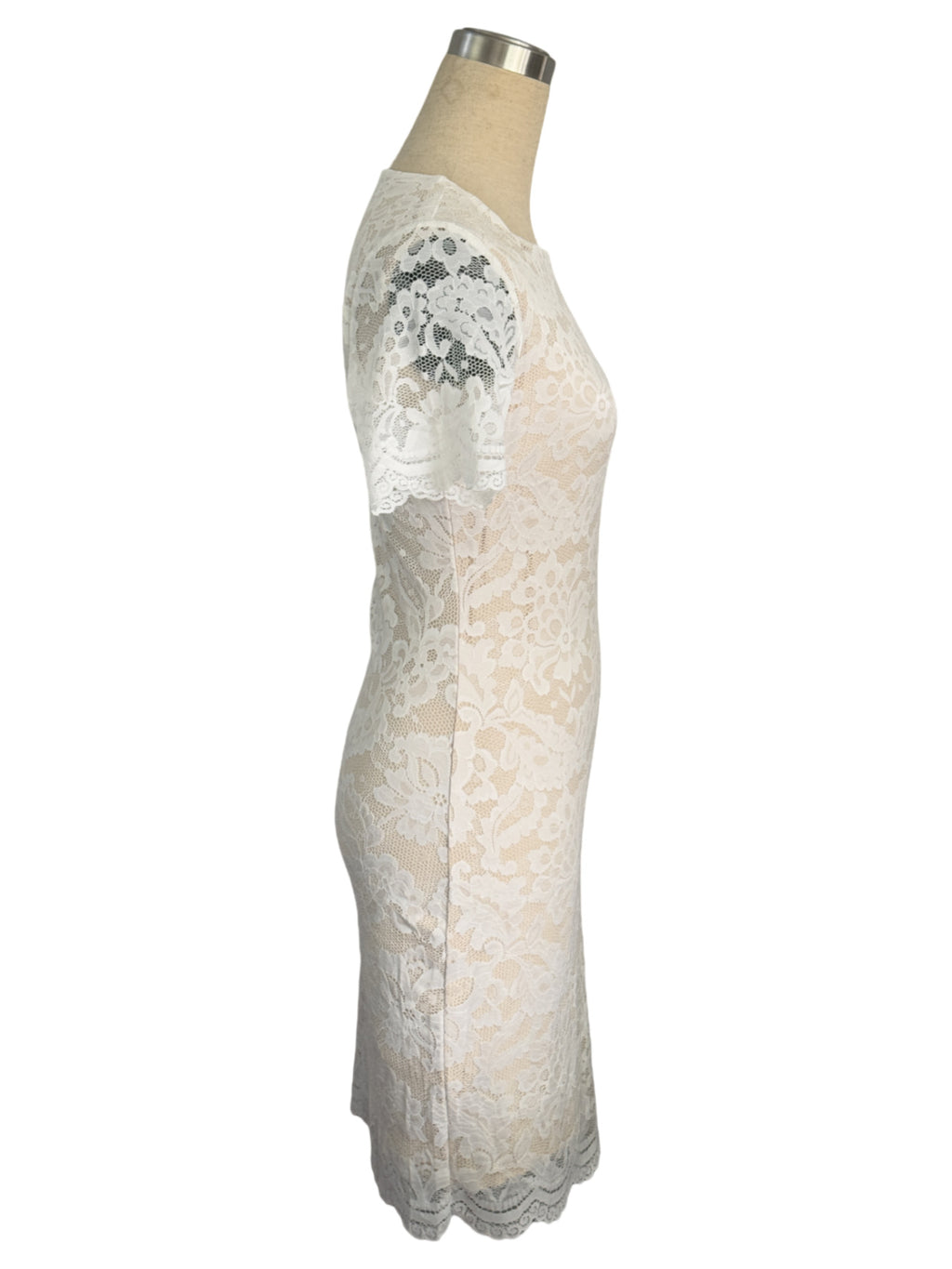 Floral Lace Short Sleeve Bodycon Dress - White - 1