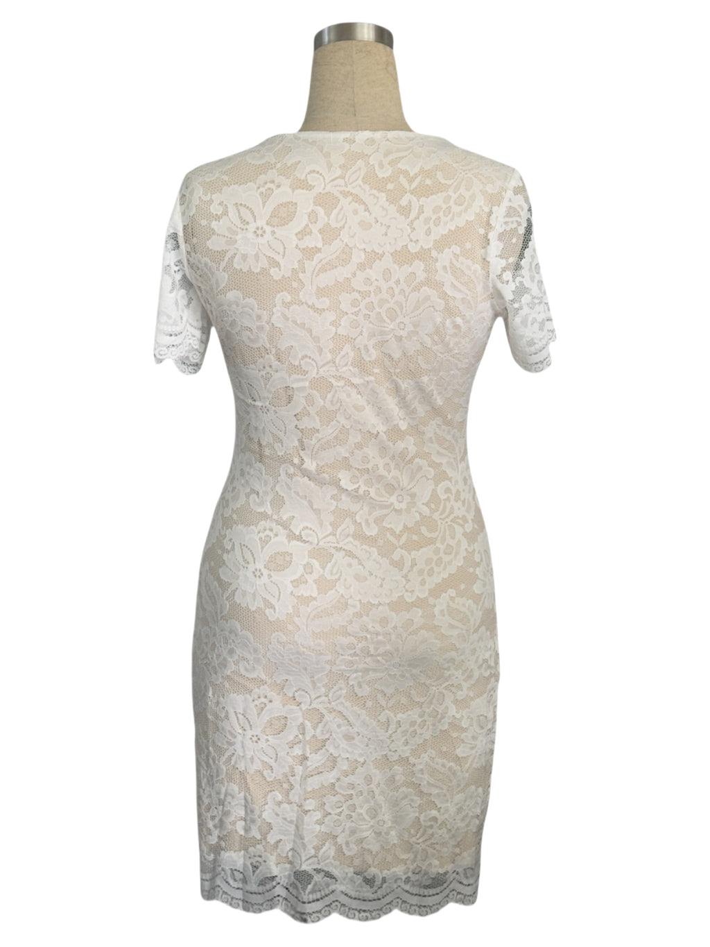 Floral Lace Short Sleeve Bodycon Dress - White - 2
