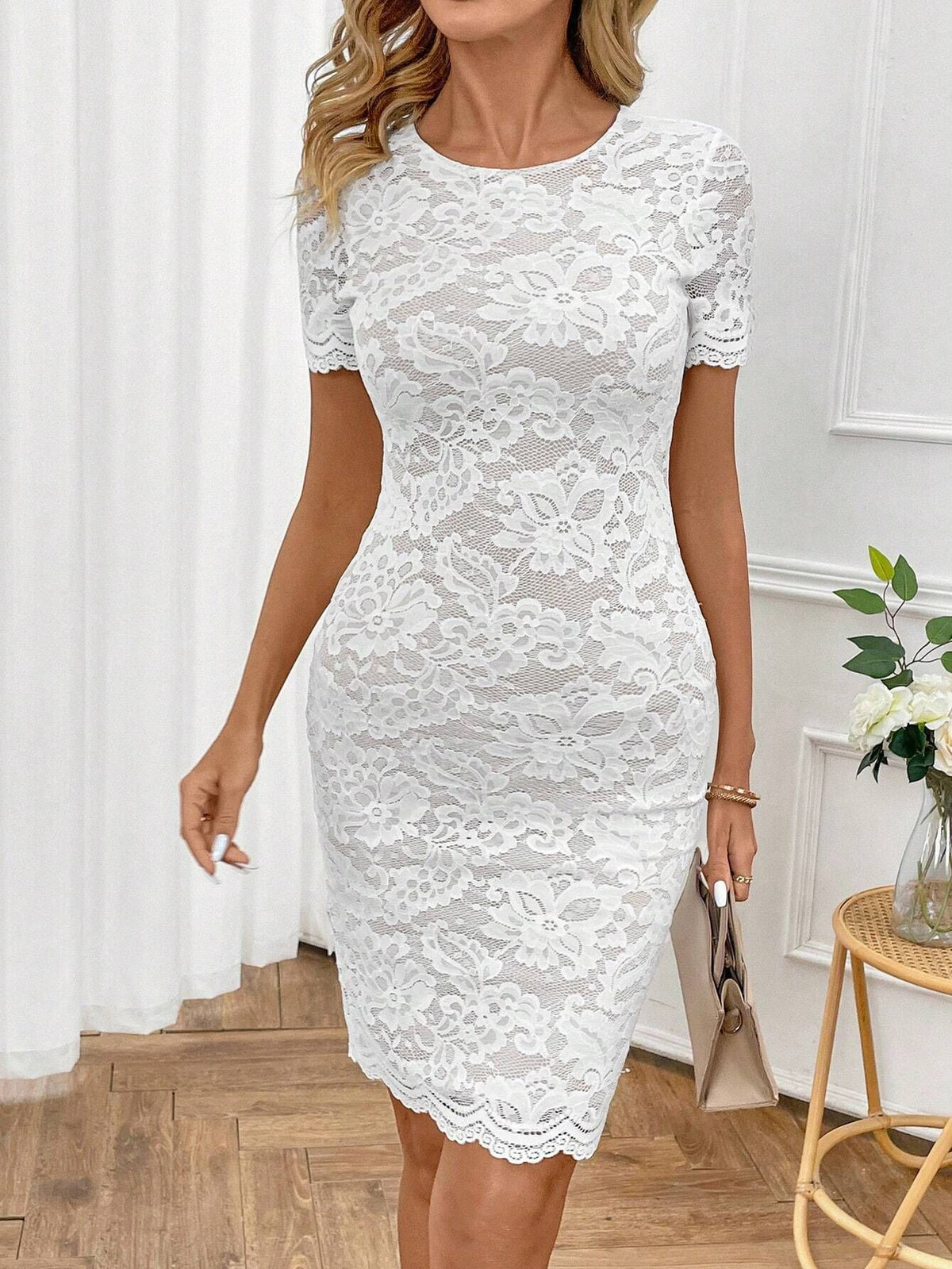 Floral Lace Short Sleeve Bodycon Dress - view 1