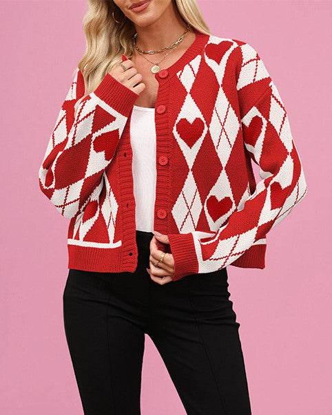 Heart Argyle Cropped Button Cardigan - Red