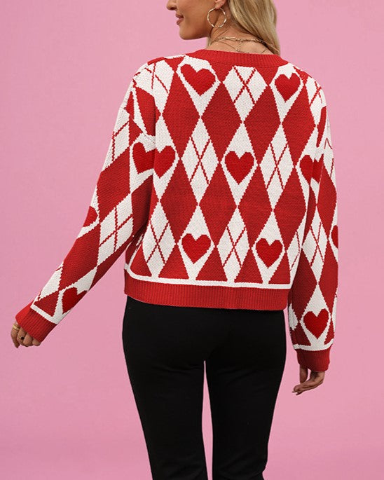 Heart Argyle Cropped Button Cardigan - Red - 1
