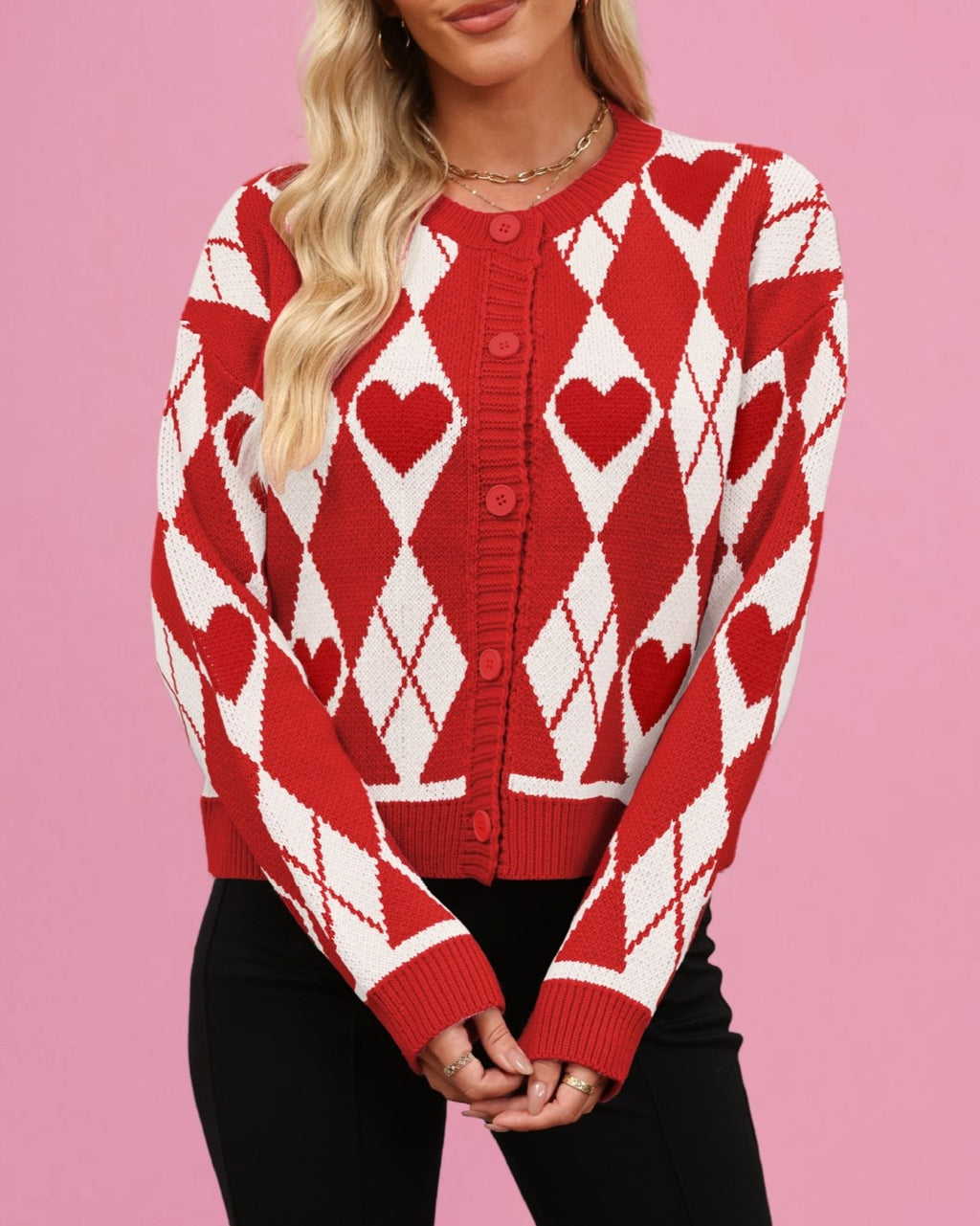 Heart Argyle Cropped Button Cardigan - Red - 2