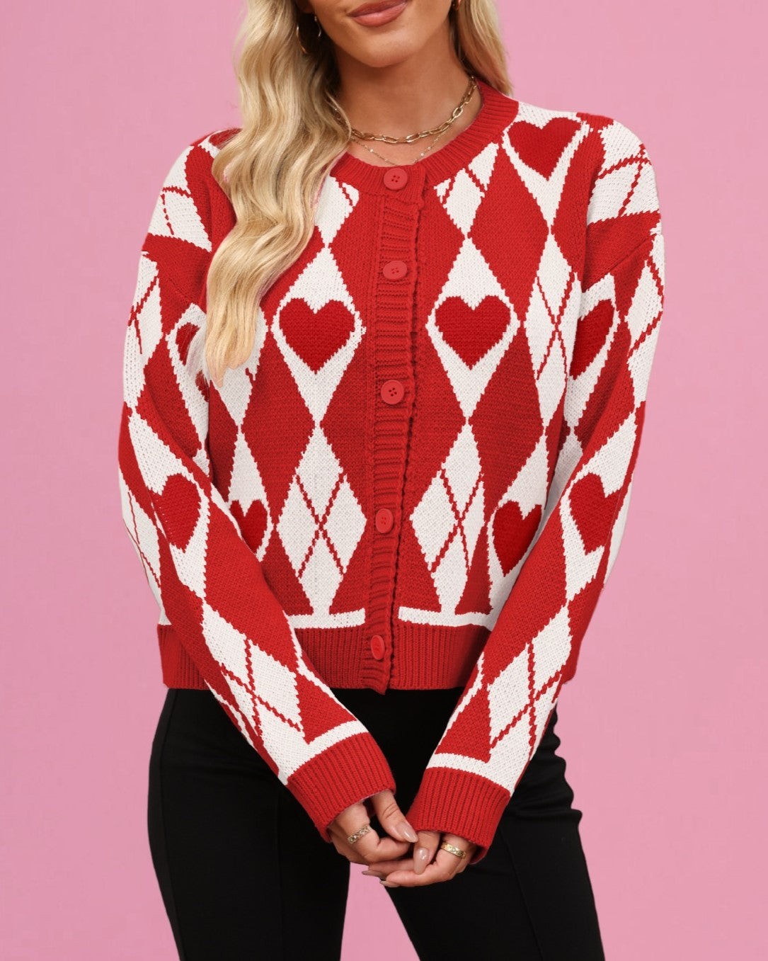 Heart Argyle Cropped Button Cardigan - Red - 2