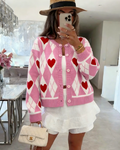 Heart Argyle Cropped Button Cardigan - RoseRed