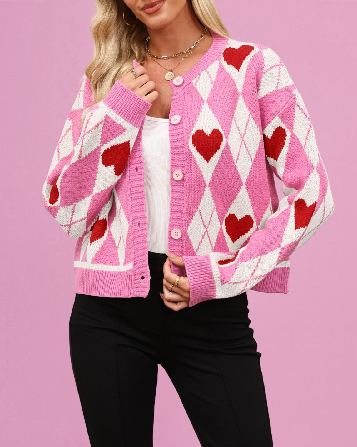 Heart Argyle Cropped Button Cardigan - RoseRed - 1