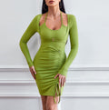 Ruched Rib Knit Bodycon Mini Dress - Green