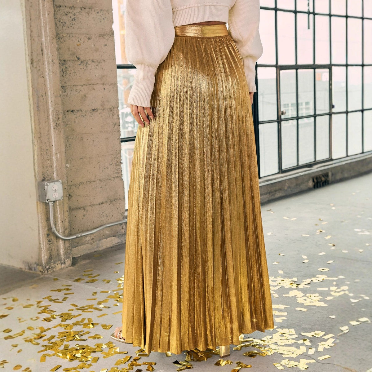 Shimmer Foil Pleated Elastic Waist Maxi Skirt