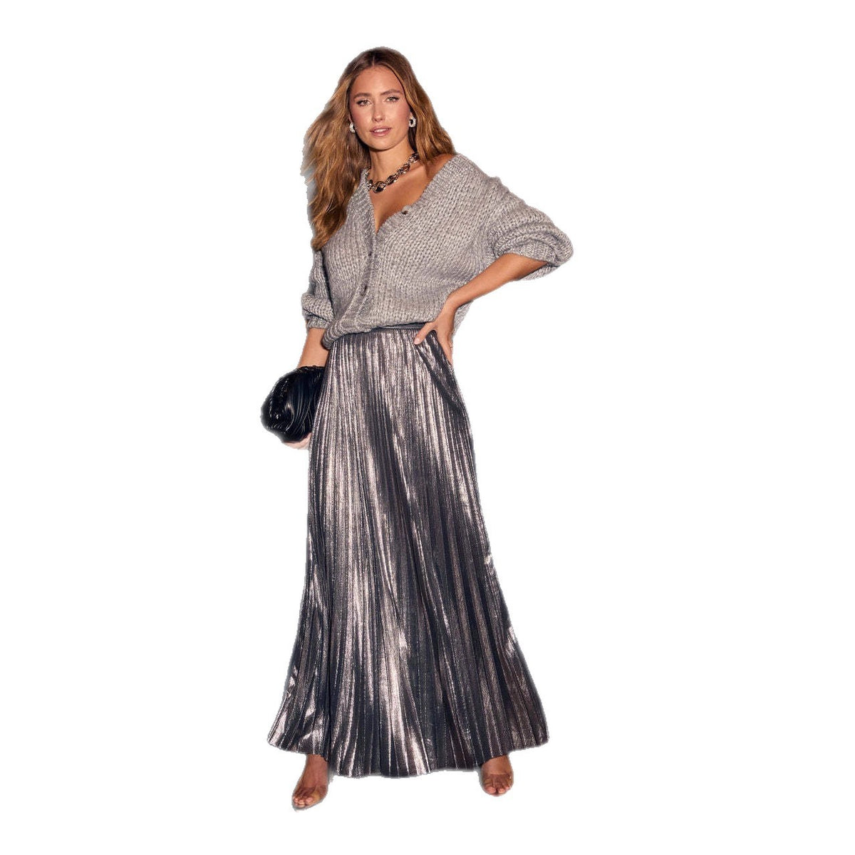 Shimmer Foil Pleated Elastic Waist Maxi Skirt