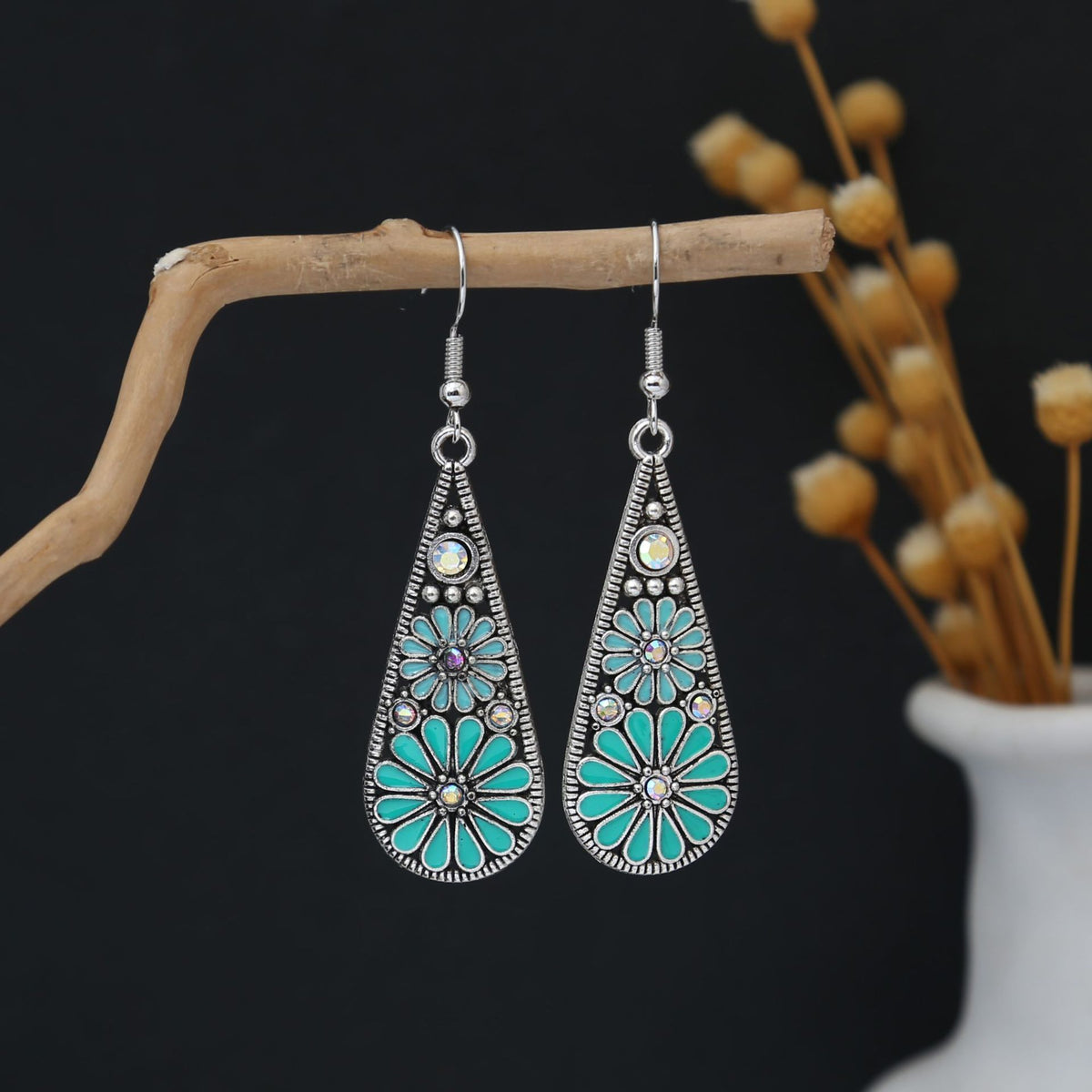 Boho Enamel Daisy Teardrop Dangle Earrings - C2
