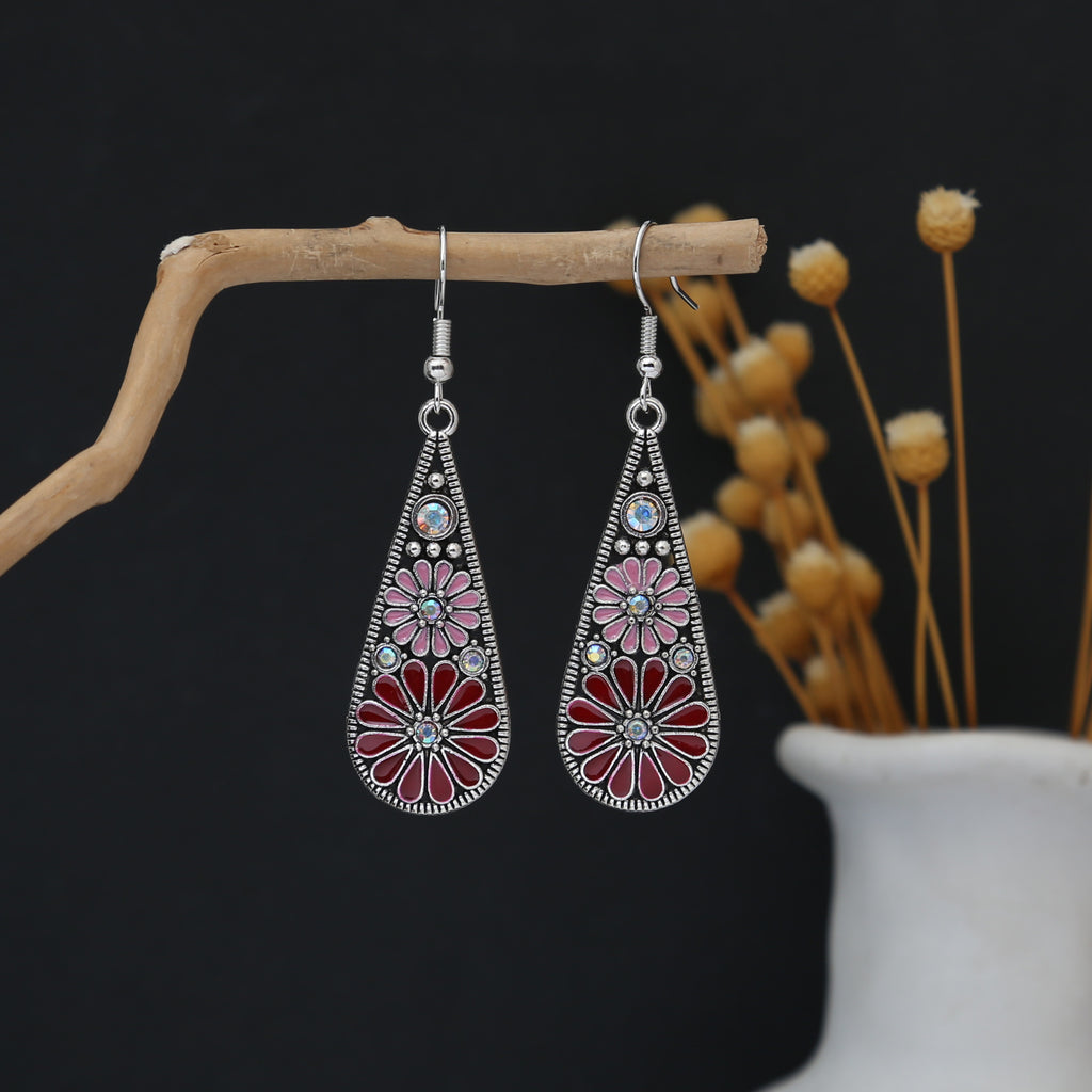 Boho Enamel Daisy Teardrop Dangle Earrings - C3