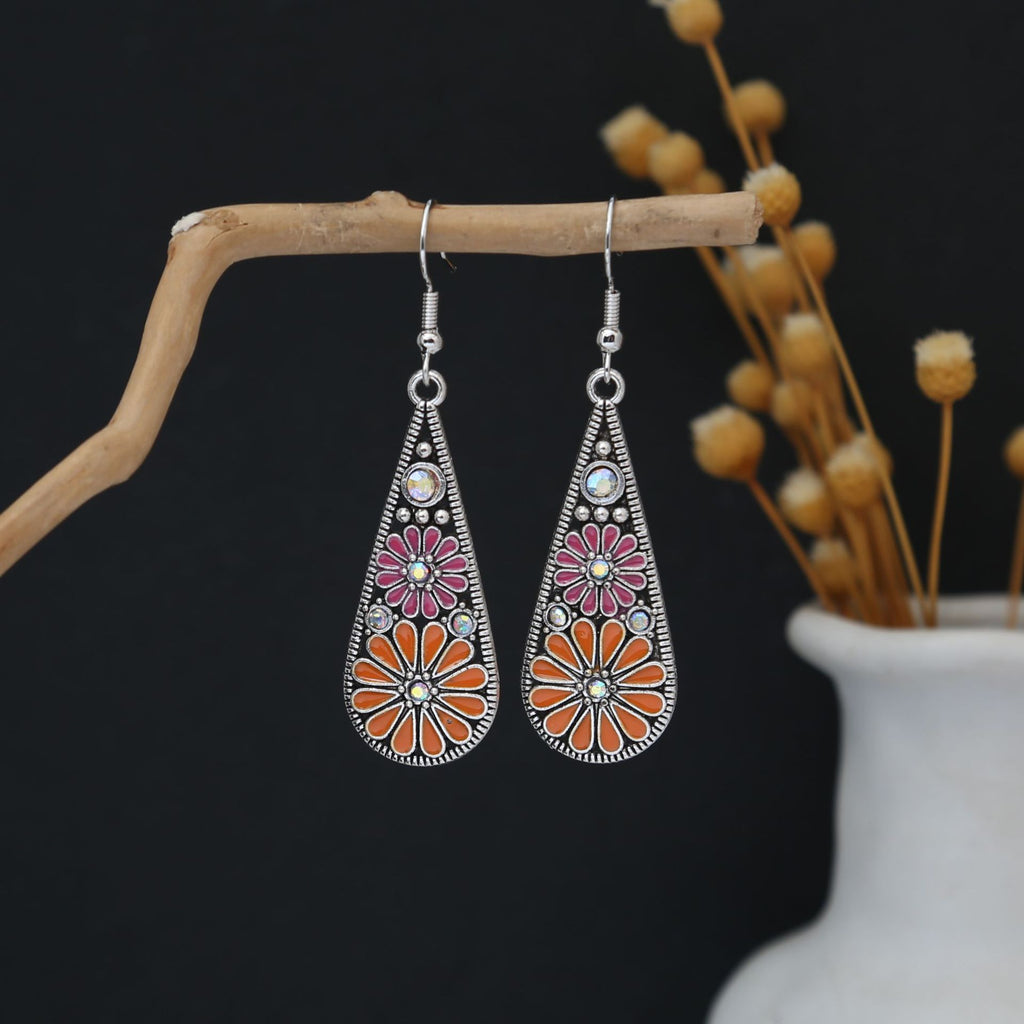 Boho Enamel Daisy Teardrop Dangle Earrings - C5