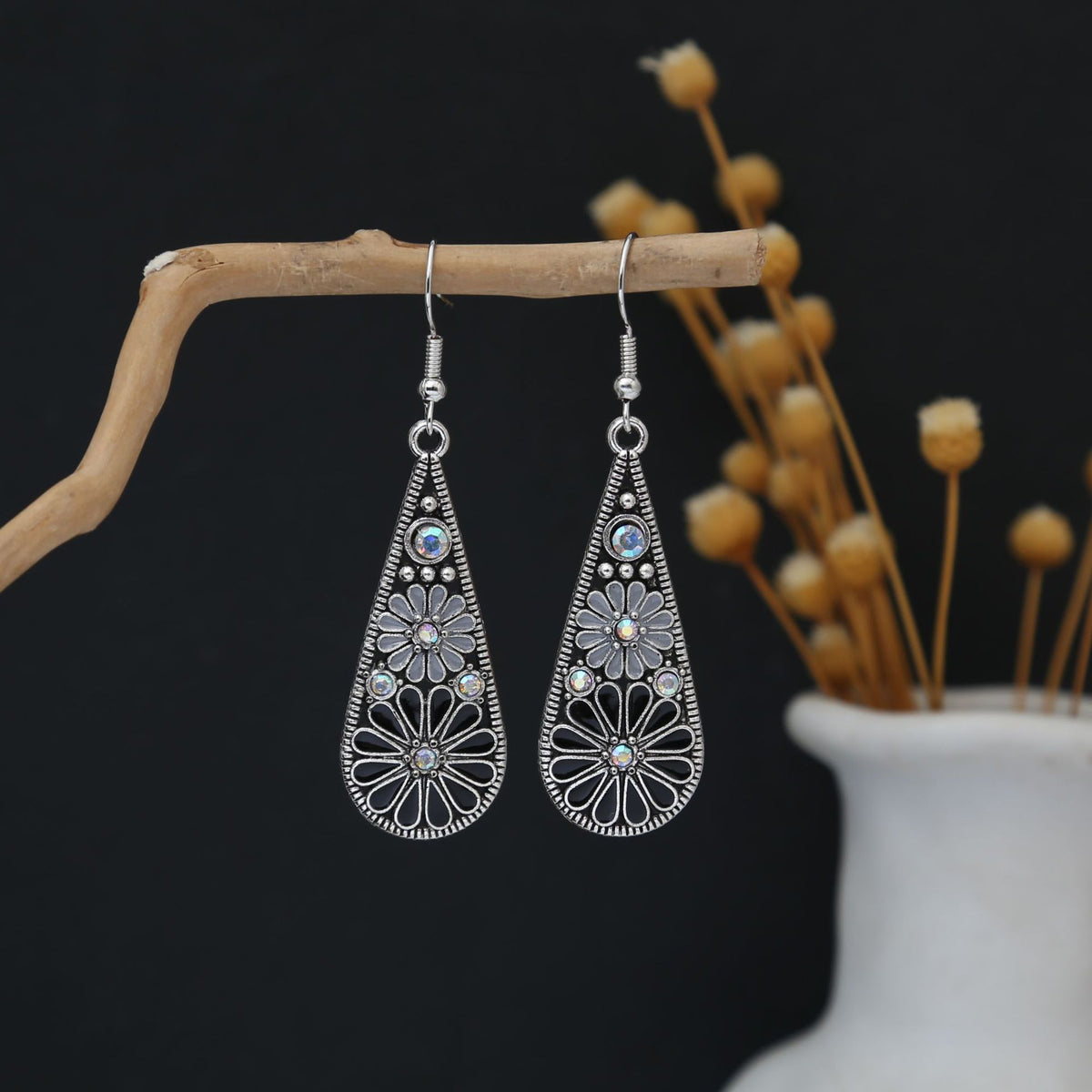 Boho Enamel Daisy Teardrop Dangle Earrings - C6