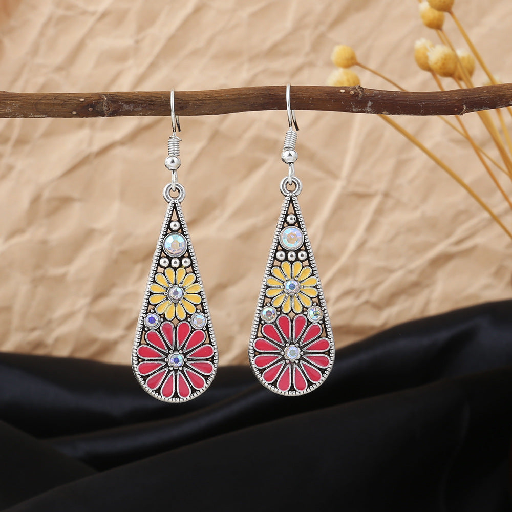 Boho Enamel Daisy Teardrop Dangle Earrings - C9