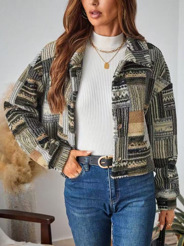 Patchwork Print Cropped Shirt Jacket - Green - 1