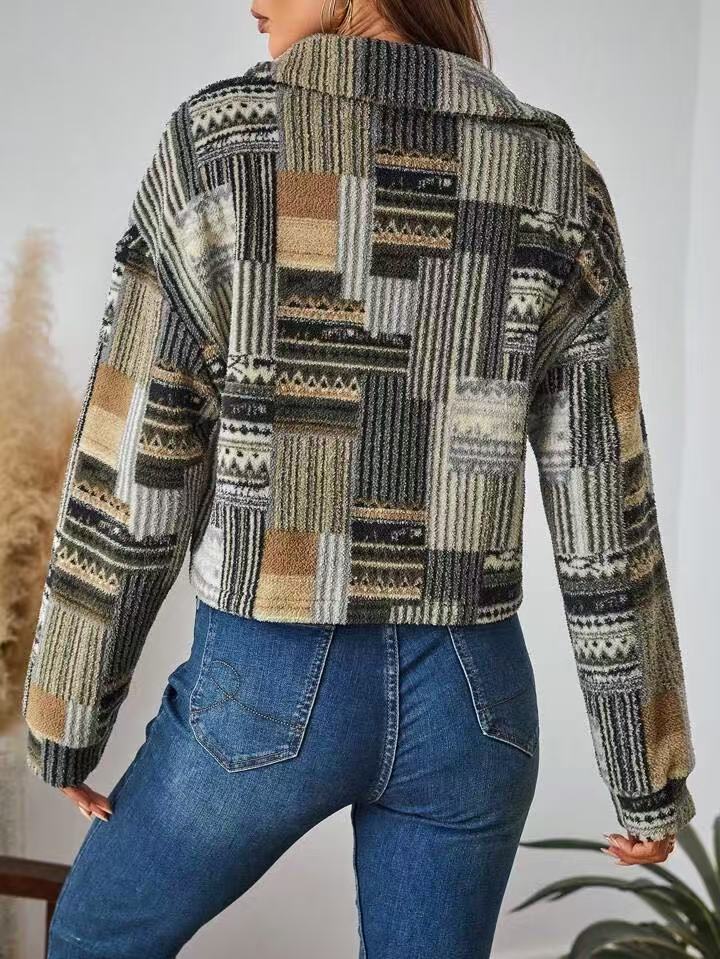 Patchwork Print Cropped Shirt Jacket - Green - 2