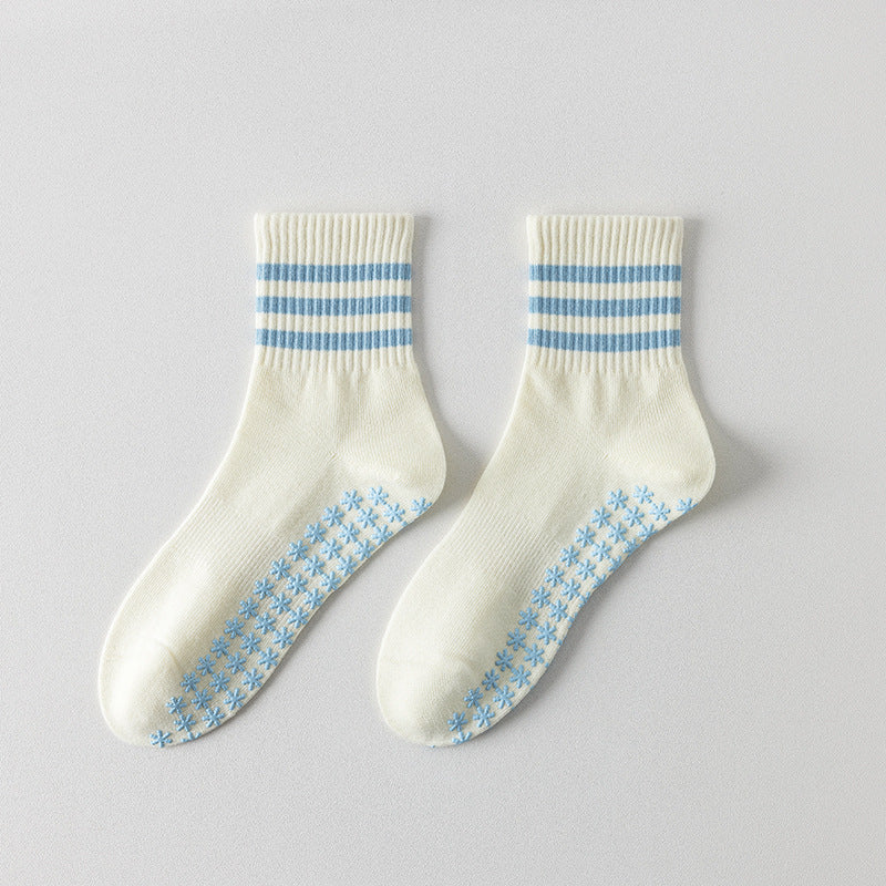 Striped Ruffle Cuff Pilates Grip Socks - Blue_1