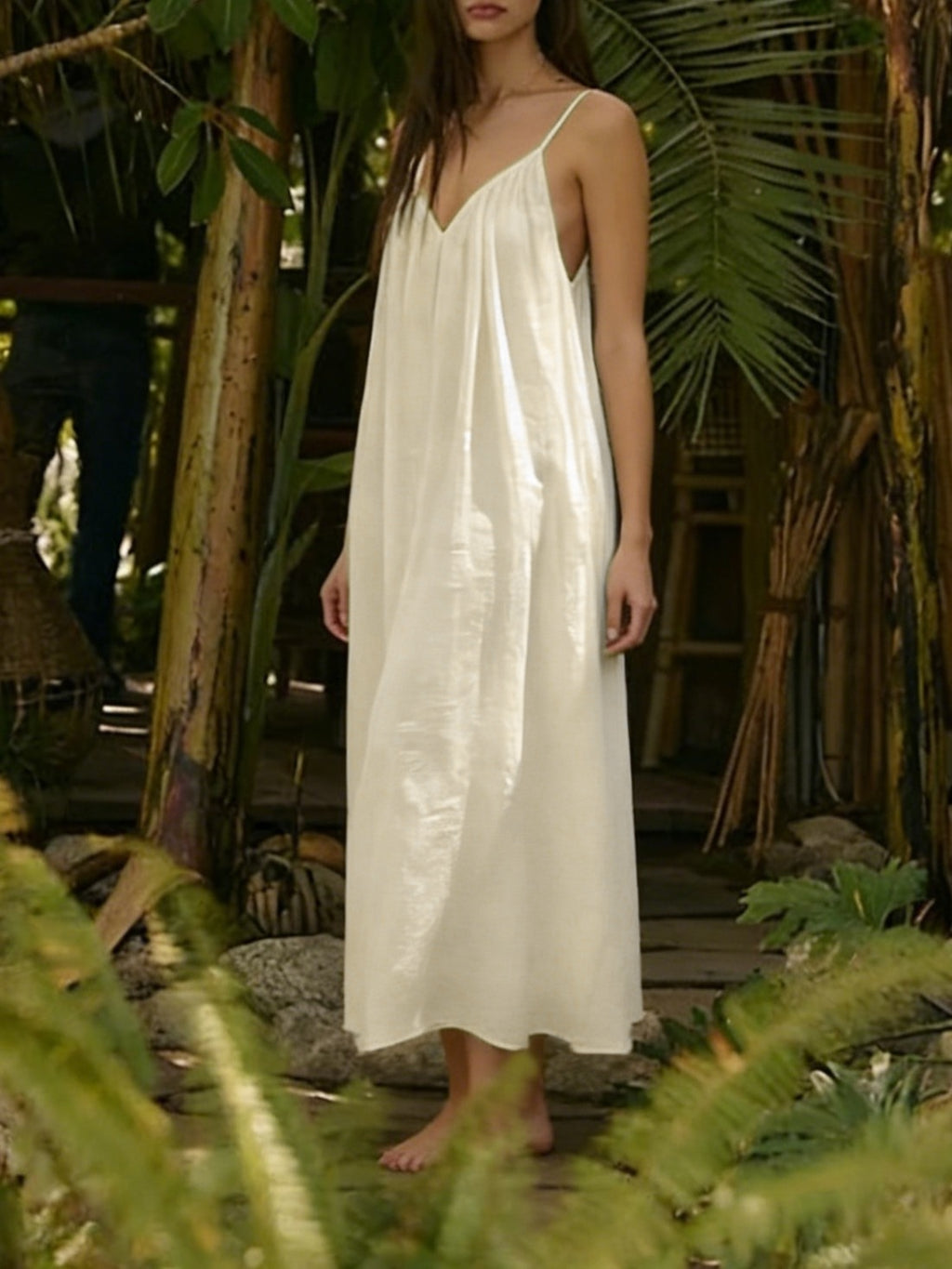 Open Back Cami Maxi Dress for Beach Days - Beige - 1