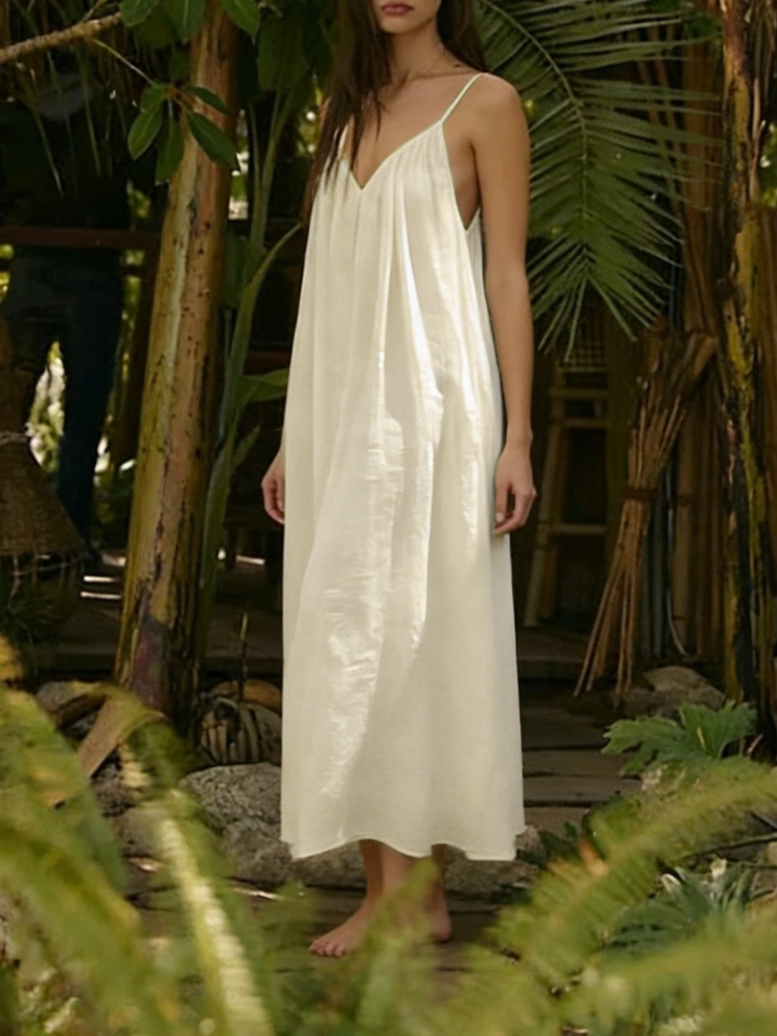 Open Back Cami Maxi Dress for Beach Days - Beige - 1
