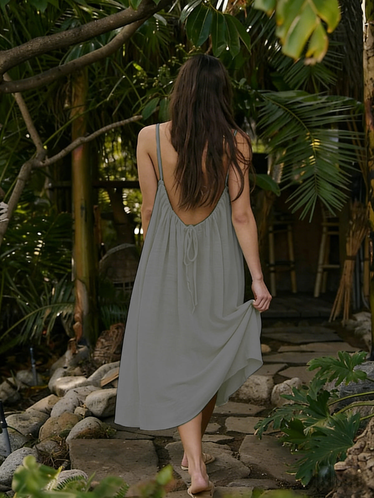 Open Back Cami Maxi Dress for Beach Days - Grey