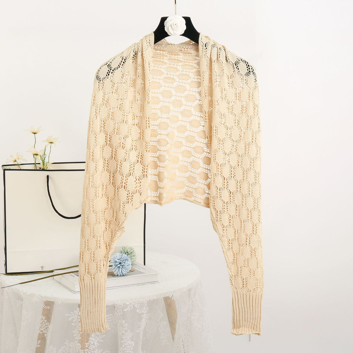 Pointelle Knit Open Front Cropped Shrug - Beige