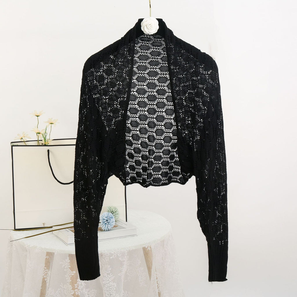 Pointelle Knit Open Front Cropped Shrug - Black