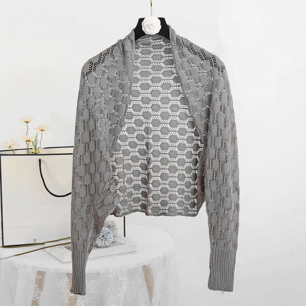Pointelle Knit Open Front Cropped Shrug - Grey