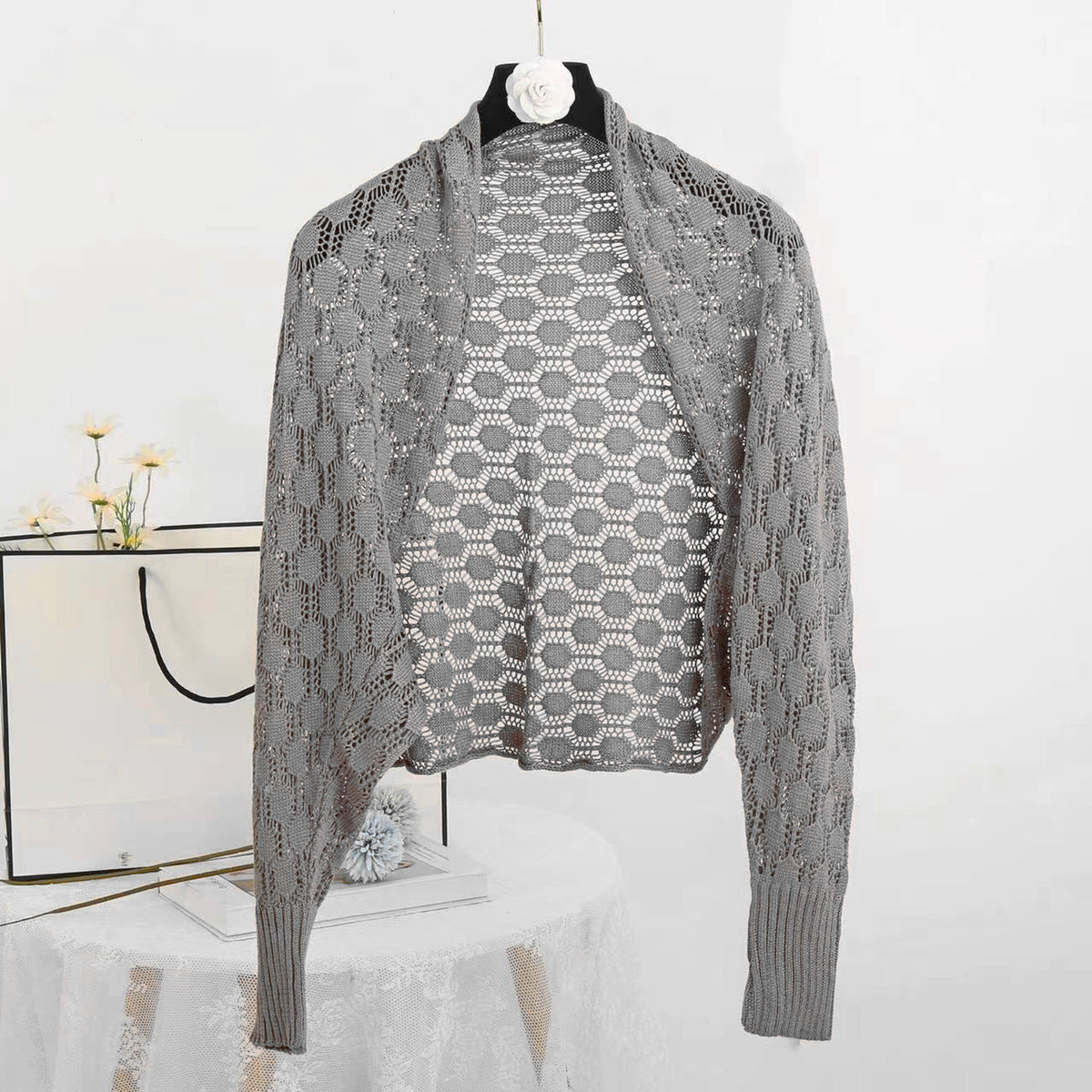 Pointelle Knit Open Front Cropped Shrug - Grey