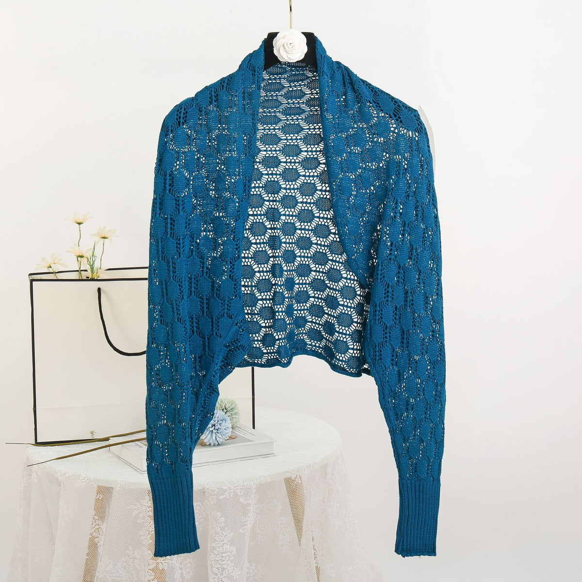 Pointelle Knit Open Front Cropped Shrug - LakeBlue