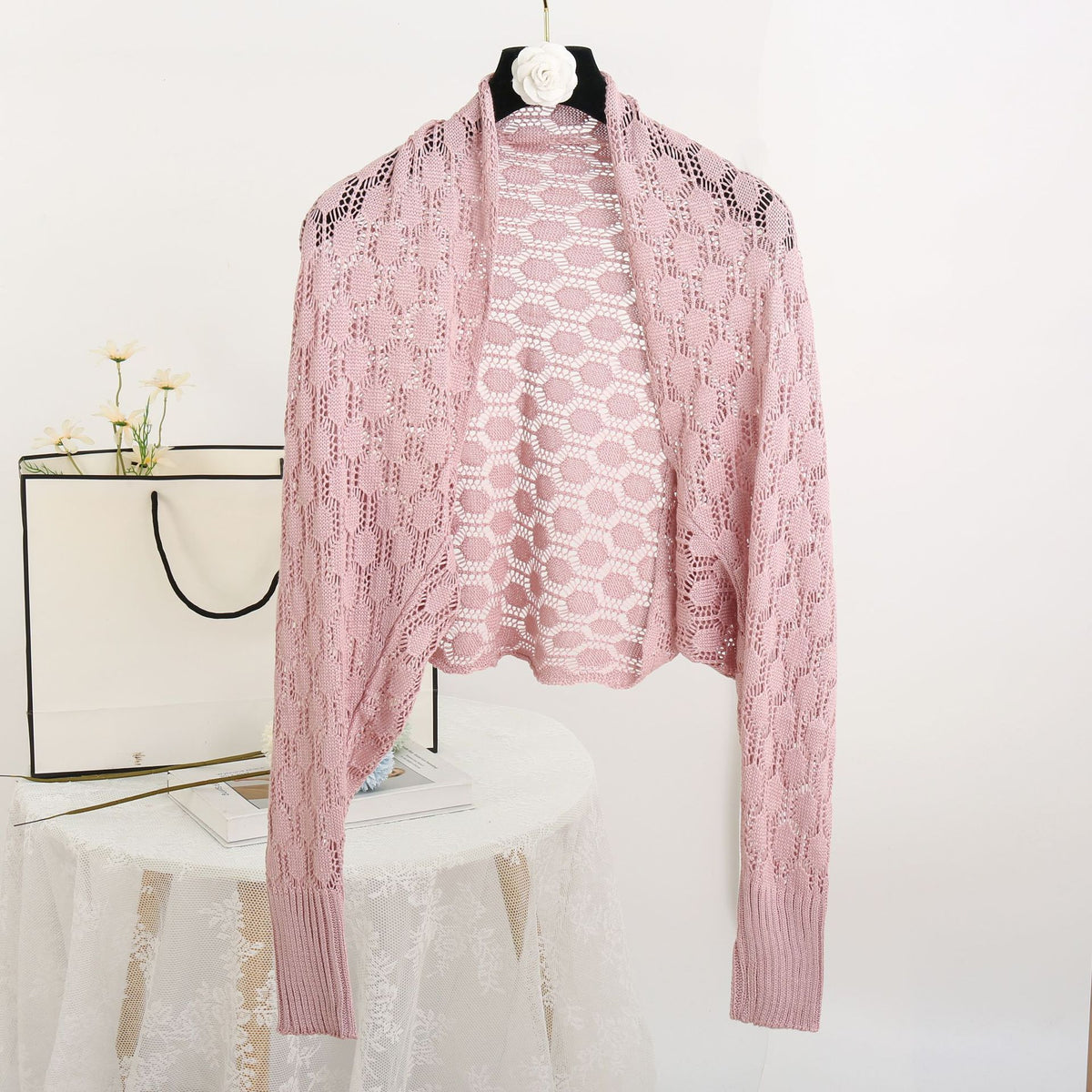 Pointelle Knit Open Front Cropped Shrug - Pink - 1
