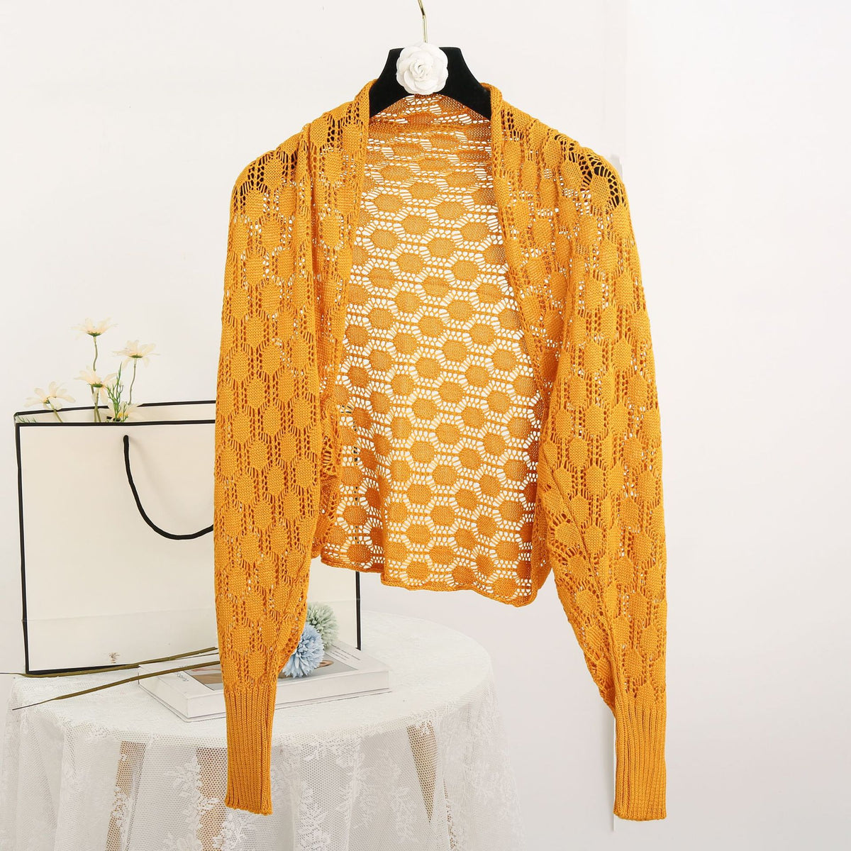 Pointelle Knit Open Front Cropped Shrug - Turmeric
