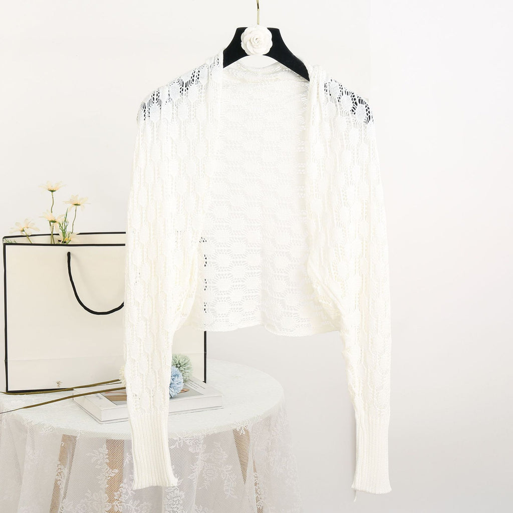 Pointelle Knit Open Front Cropped Shrug - White