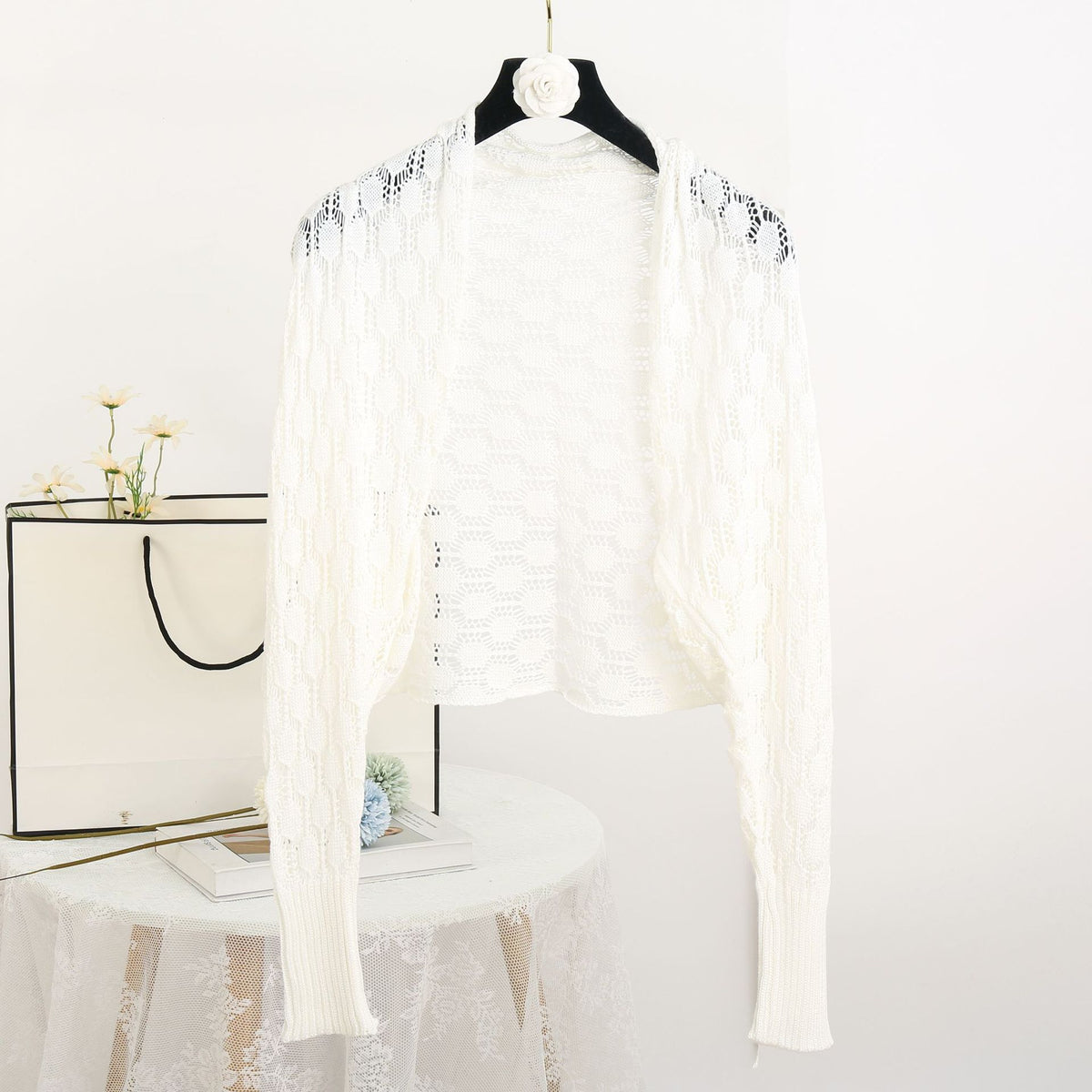 Pointelle Knit Open Front Cropped Shrug - White