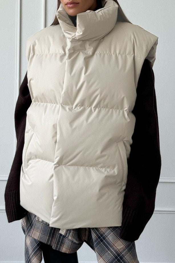 Longline Down Puffer Vest High Collar - Beige