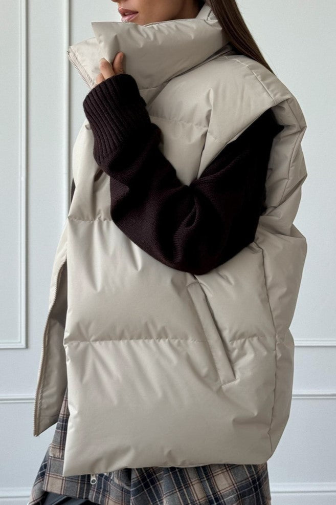 Longline Down Puffer Vest High Collar - Beige - 1