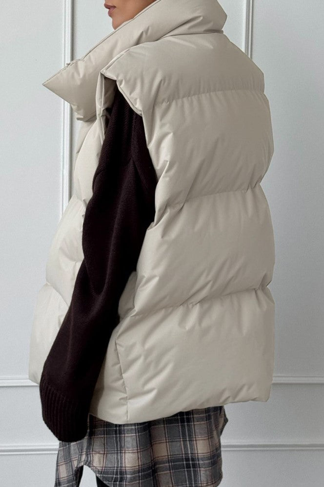 Longline Down Puffer Vest High Collar - Beige - 2