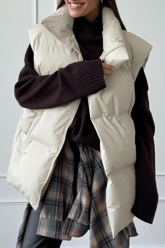 Longline Down Puffer Vest High Collar - Beige - 3