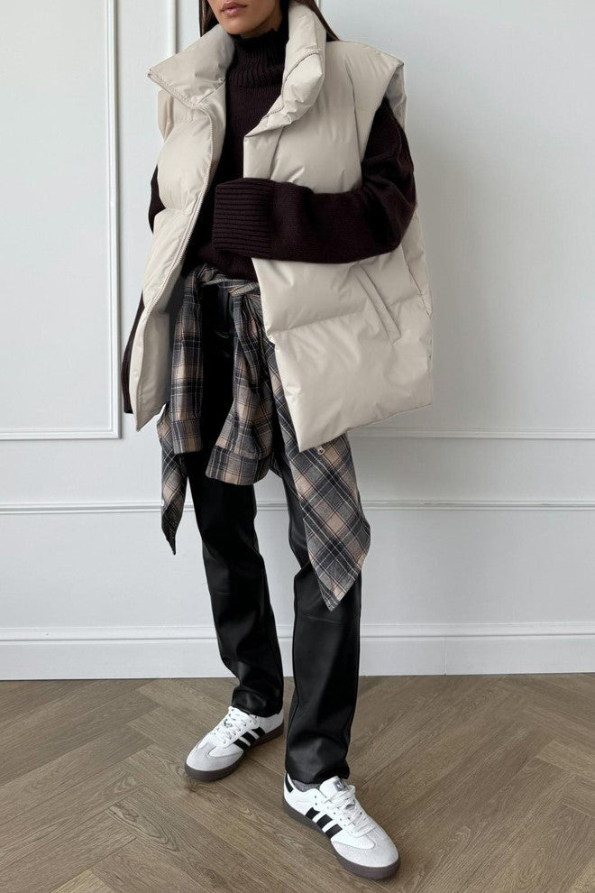 Longline Down Puffer Vest High Collar - Beige - 4