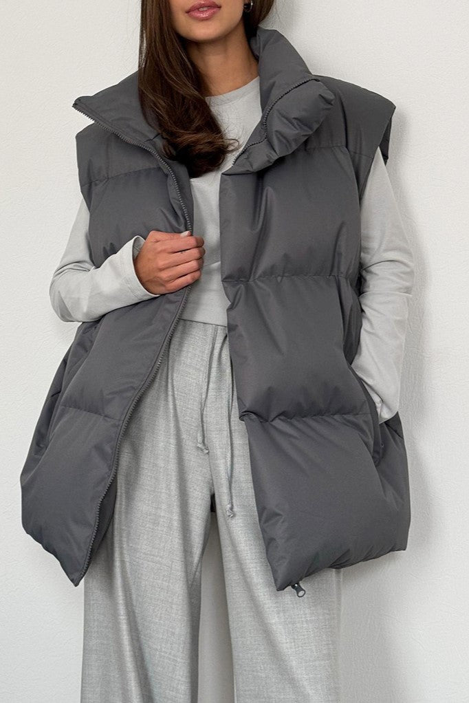 Longline Down Puffer Vest High Collar - Charcoal