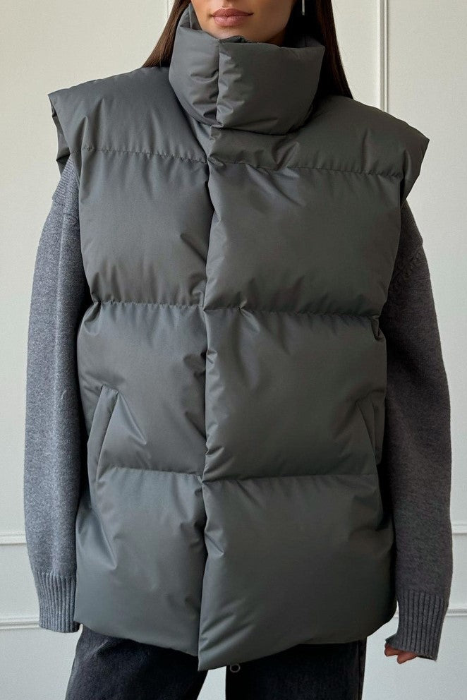 Longline Down Puffer Vest High Collar - Charcoal - 1