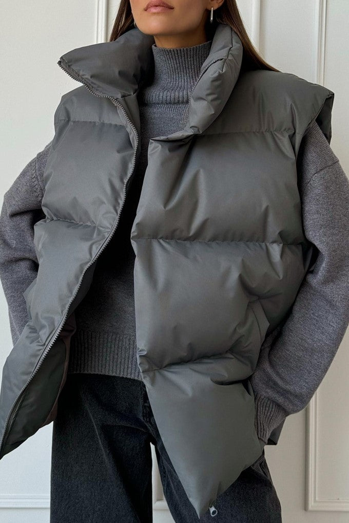 Longline Down Puffer Vest High Collar - Charcoal - 2