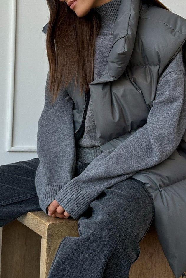 Longline Down Puffer Vest High Collar - Charcoal - 3